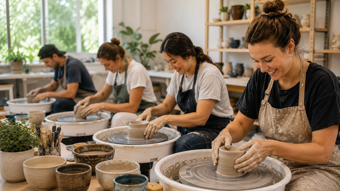“Beginners learning wheel throwing in a pottery class at Silky Shapes Studio, shaping clay mugs and bowls on pottery wheels in a bright studio.”