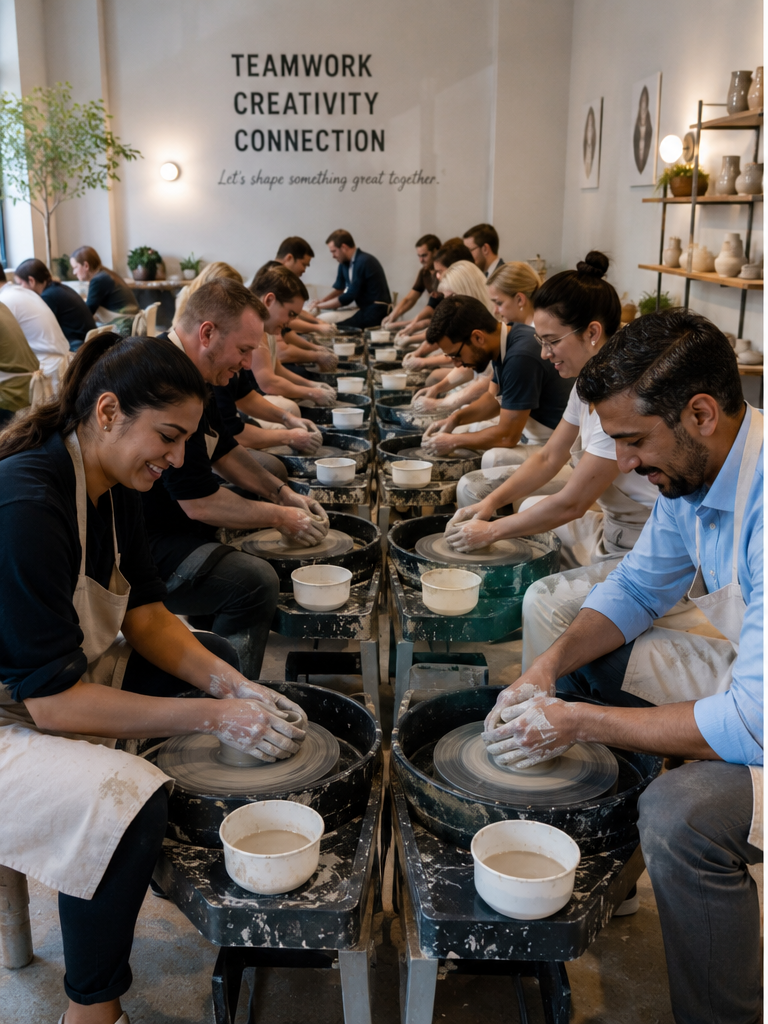 Corporate event pottery workshop a group of people making pottery on wheels